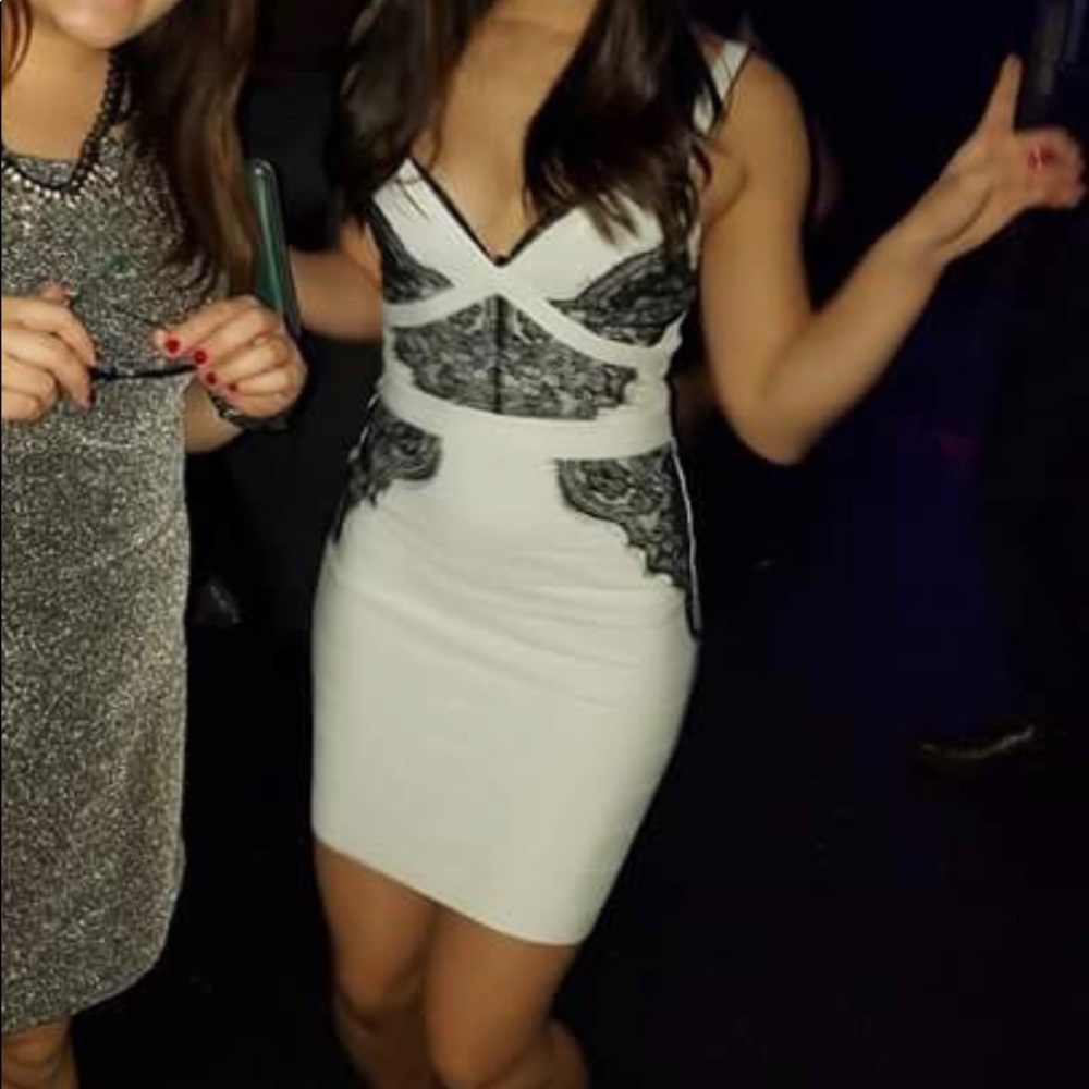 White BEBE bandage dress black lace